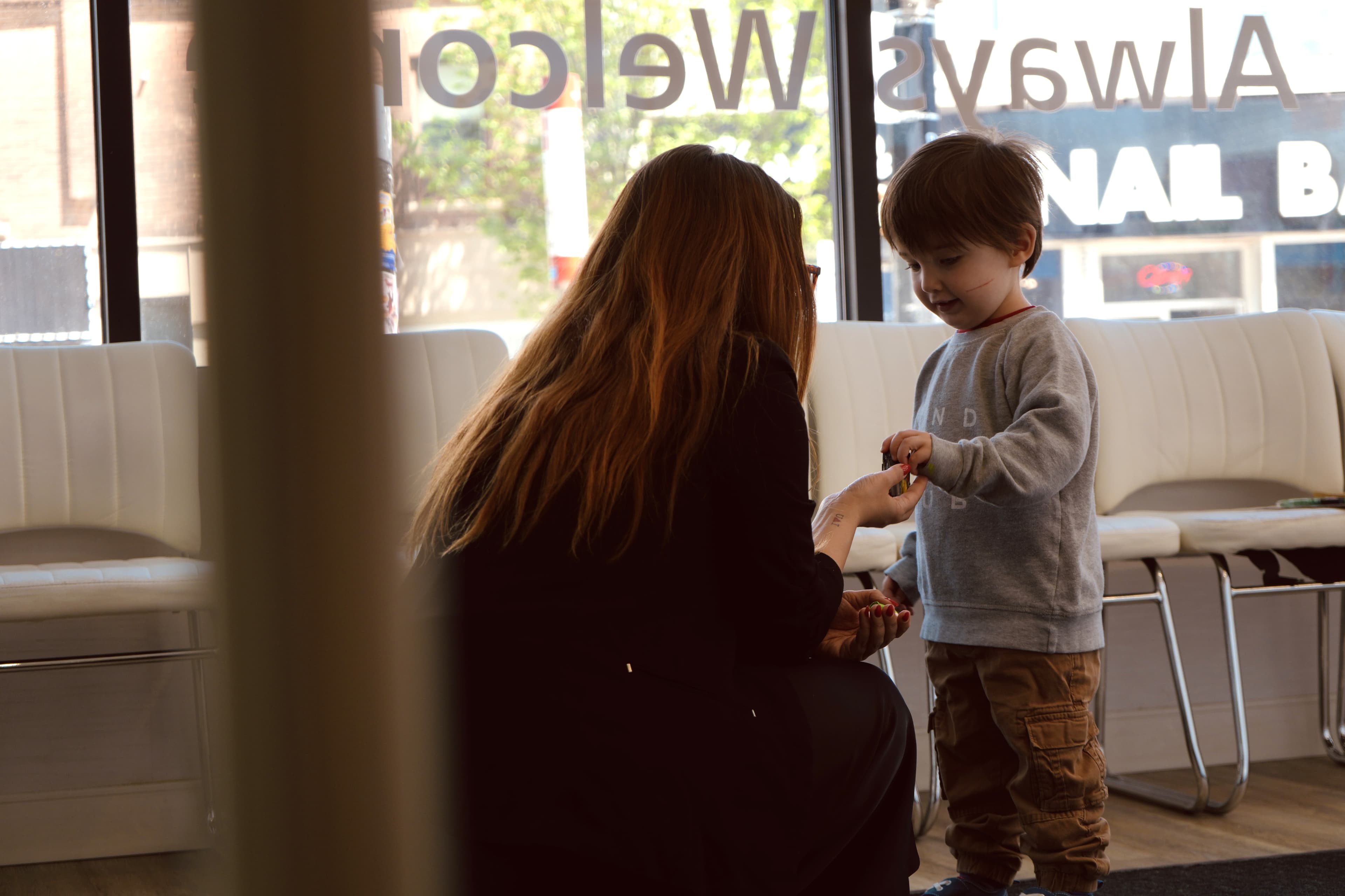 Mother and child in the clinic waiting area