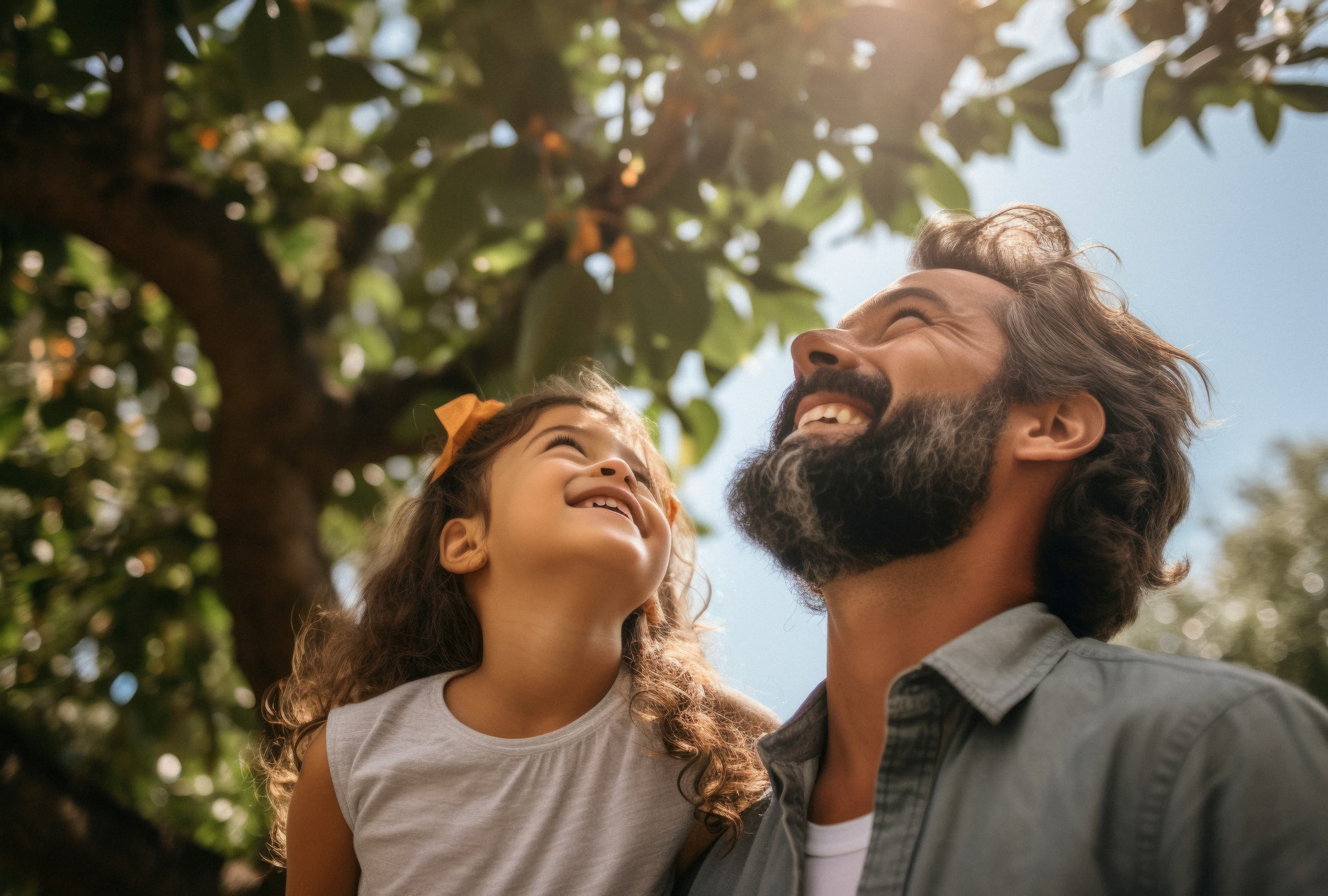 Father and daughter looking up together
